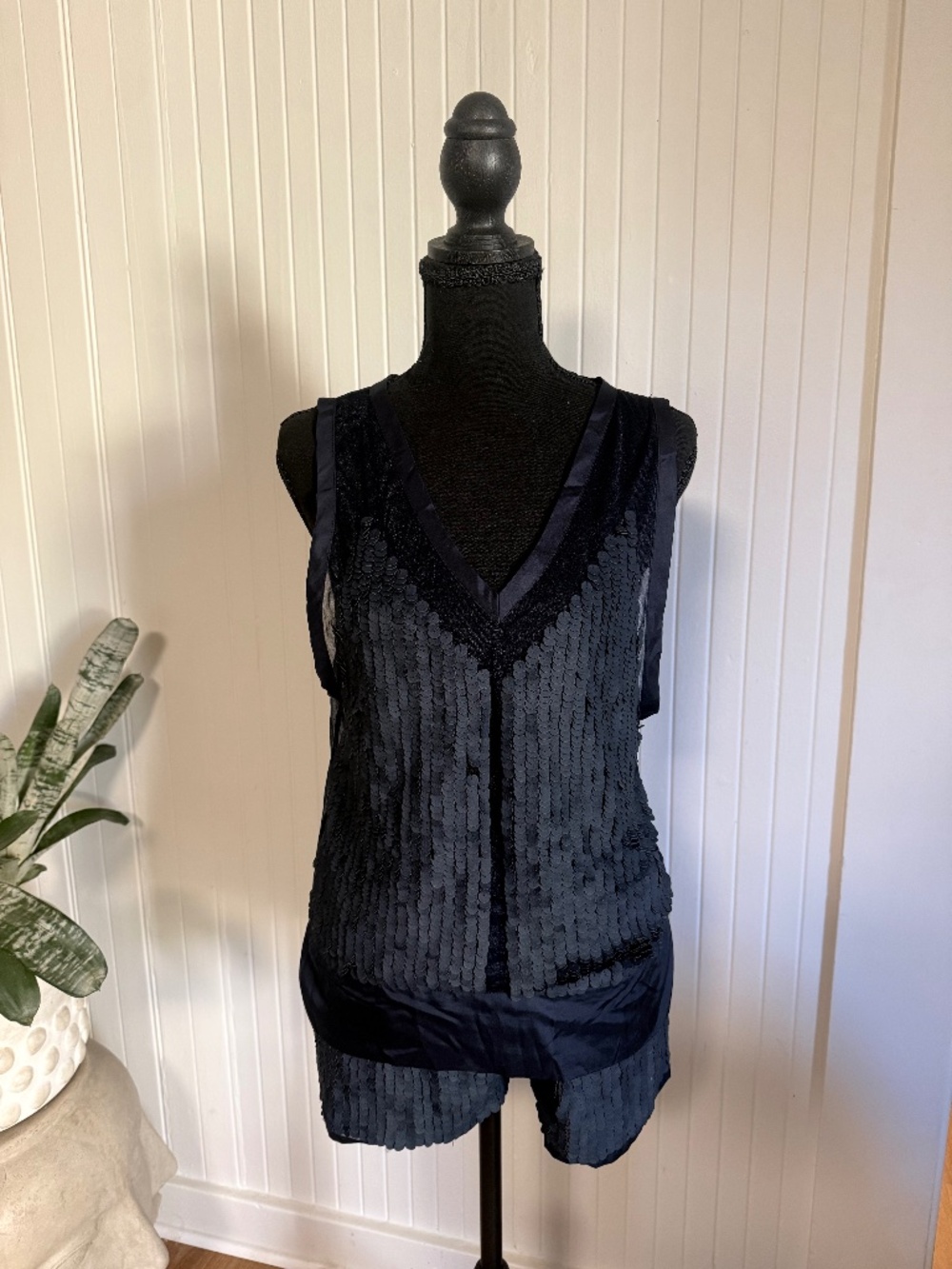 AllSaints Hand Embellished Leatherette Sequin Fringe Mesh Top & Shorts Set 0/2